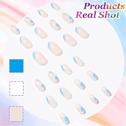 French Press on Nails Medium Length,Glossy Almond Fake Nails,Blue White Desig...