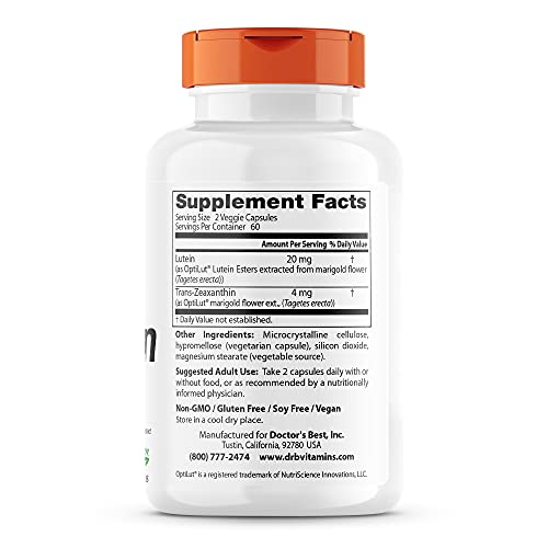 Doctor's Best Lutein with OptiLut Non-GMO, Vegan, Gluten Free, Soy Free, Eye ...