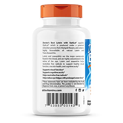 Doctor's Best Lutein with OptiLut Non-GMO, Vegan, Gluten Free, Soy Free, Eye ...
