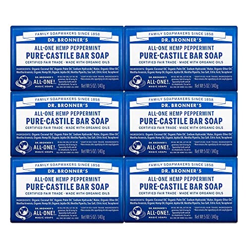 Dr. Bronner’s - Pure-Castile Bar Soap (Peppermint, 5 ounce, 6-Pack) - Made wi...