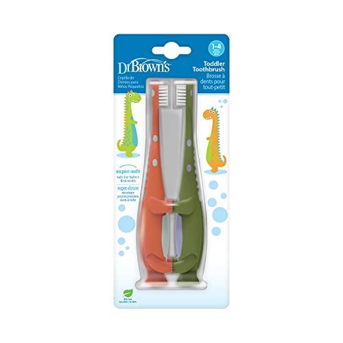 Dr. Brown's Toddler Toothbrush, Dinosaur, Green and Orange, 2-Pack