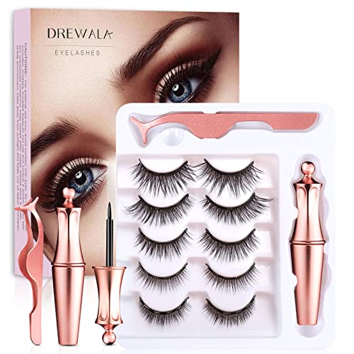 DREWALA Magnetic Eyelashes with Eyeliner Kit, 5 Pairs Fake Eyelashes 3D Natur...