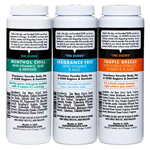 DUDE Body Powder Variety Pack, Tropic Breeze, Menthol Chill & Fragrance Free ...