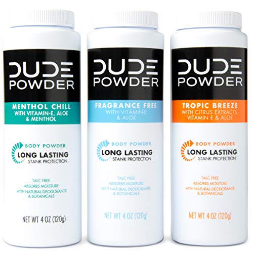 DUDE Body Powder Variety Pack, Tropic Breeze, Menthol Chill & Fragrance Free ...