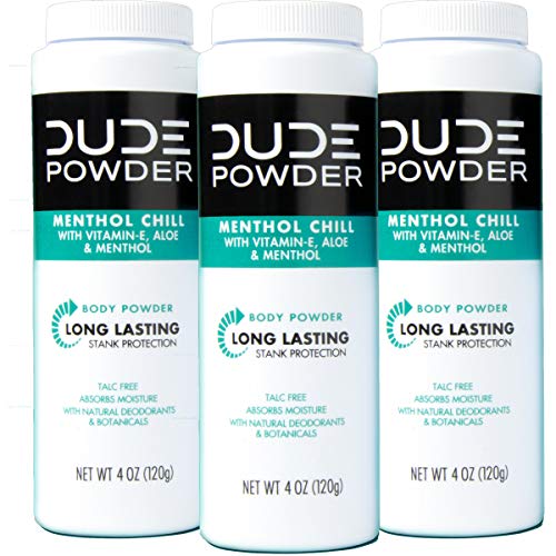 DUDE Body Powder, Menthol Chill 4 Ounce (3 Bottle Pack) Natural Deodorizers C...