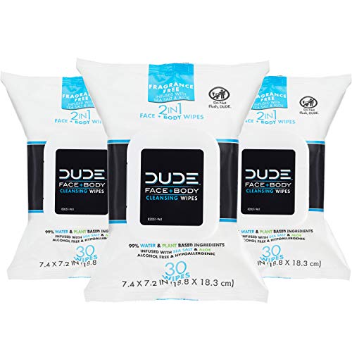 DUDE Face & Body Wipes (3 Packs, 30 Wipes Each) Unscented for Sensitive Skin ...