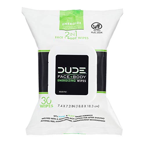 DUDE Face & Body Wipes 30 Count Energizing & Refreshing Scent Infused with Pr...