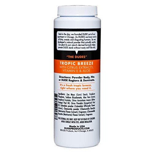 Dude Products DUDE Body Powder, Bottle Natural Deodorizers, Tropic Breeze, 4 Oz