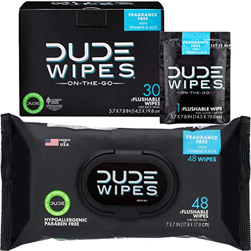 DUDE Wipes Flushable Wet Wipes (48 Count Dispenser and 30 Single Wipes) Indiv...