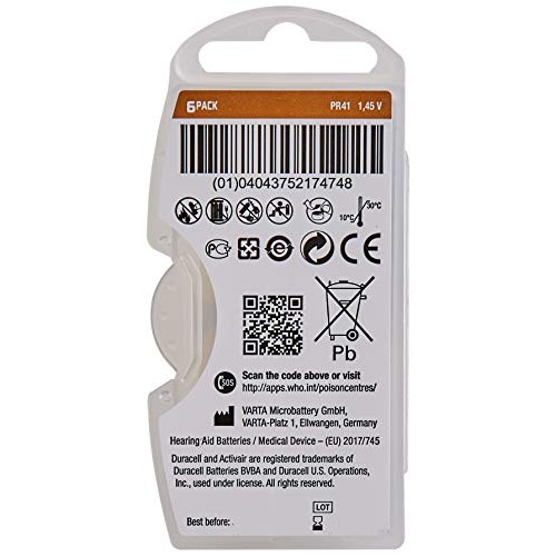 60 x Size 312 / BROWN - DURACELL EasyTab Hearing Aid Batteries (10 packs of s...