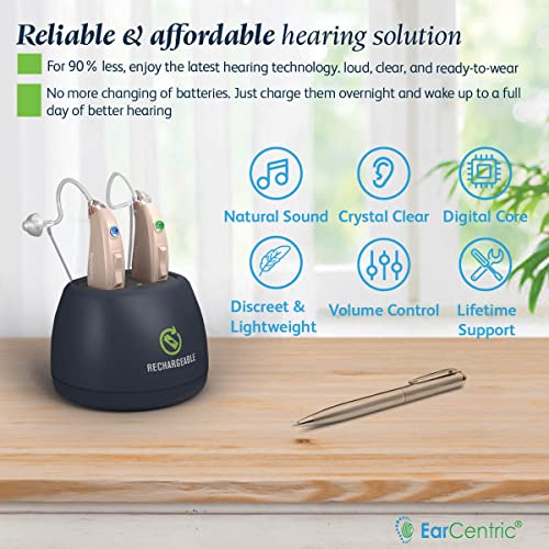 EarCentric EasyCharge Rechargeable Hearing Aids (Pair) for Seniors, Adults, B...