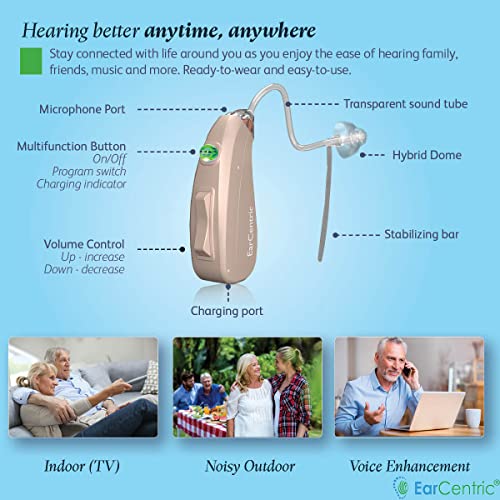 EarCentric EasyCharge Rechargeable Hearing Aids (Pair) for Seniors, Adults, B...