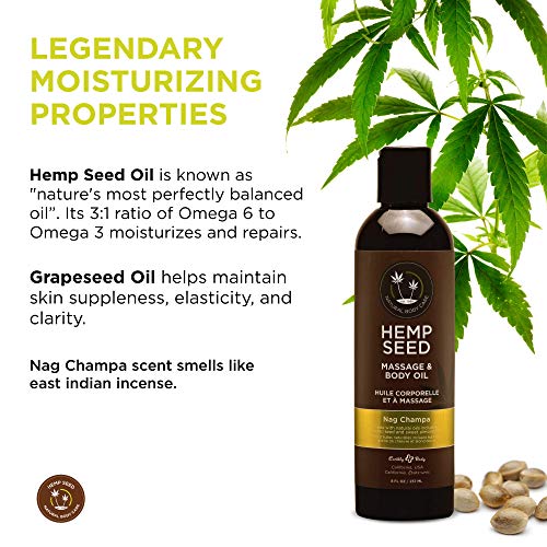 Hemp Seed Massage & Body Oil, Nag Champa Scent - 8 fl. oz. - Nourishing, Mois...