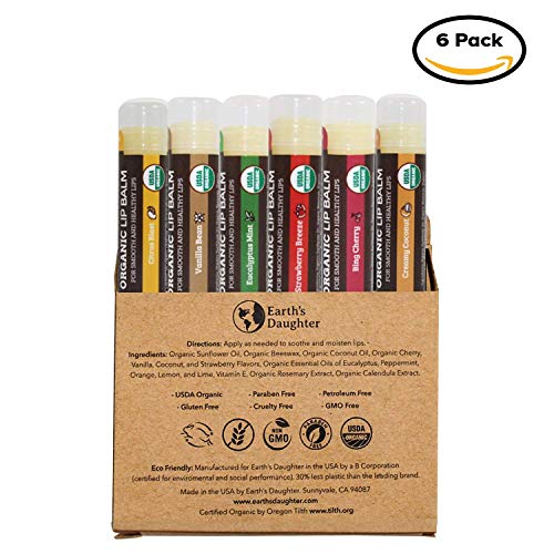 USDA Organic Lip Balm 6-Pack by Earth's Daughter - Fruit Flavors, Beeswax, Co...