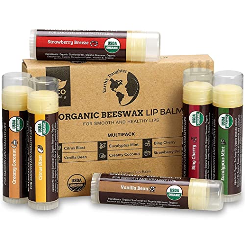 USDA Organic Lip Balm 6-Pack by Earth's Daughter - Fruit Flavors, Beeswax, Co...