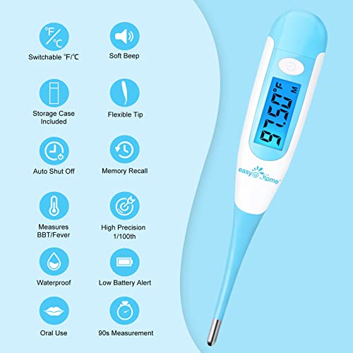 Easy@Home Digital Basal Thermometer with Blue Backlight LCD Display, 1/100th ...