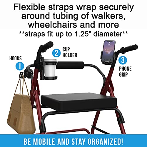 Mobility Combo Pack - Cup Holder, Phone Holder and Hooks for Walkers, Wheelch...
