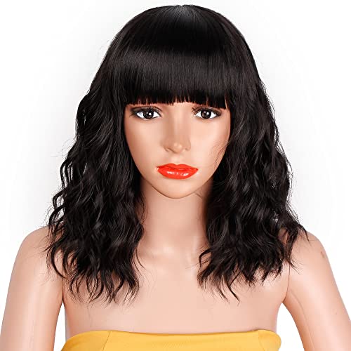 EAWWII Black Bob Curly Wig with Bangs Short Wavy Hair Synthetic Natural Looki...