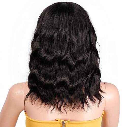 EAWWII Black Bob Curly Wig with Bangs Short Wavy Hair Synthetic Natural Looki...