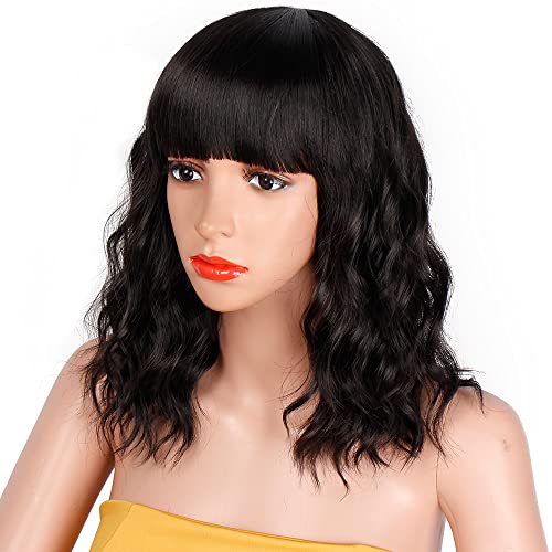 EAWWII Black Bob Curly Wig with Bangs Short Wavy Hair Synthetic Natural Looki...