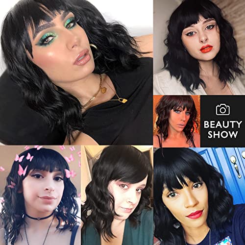 EAWWII Black Bob Curly Wig with Bangs Short Wavy Hair Synthetic Natural Looki...