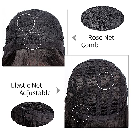 EAWWII Black Bob Curly Wig with Bangs Short Wavy Hair Synthetic Natural Looki...