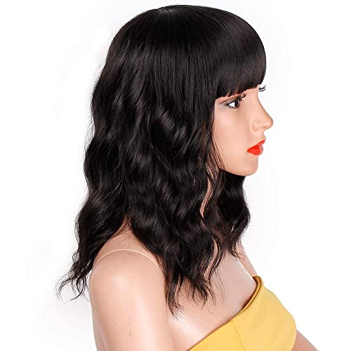 EAWWII Black Bob Curly Wig with Bangs Short Wavy Hair Synthetic Natural Looki...
