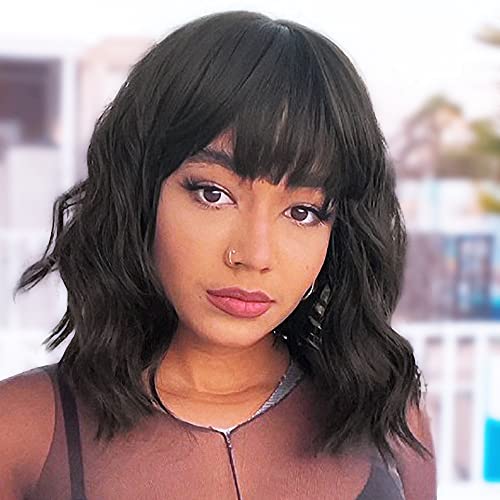 EAWWII Black Bob Curly Wig with Bangs Short Wavy Hair Synthetic Natural Looki...