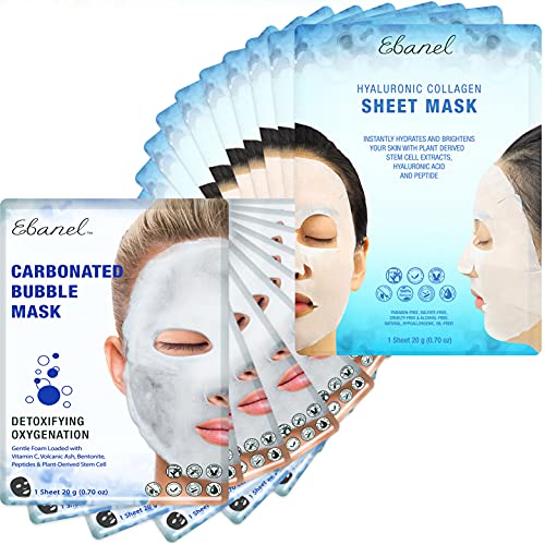 Ebanel Bundle of 15-Pack Collagen Face Mask, and 10-Pack Carbonated Bubble Cl...