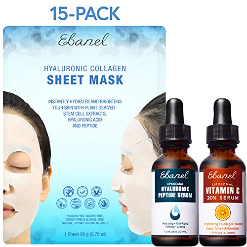 Ebanel Bundle of 15-Pack Collagen Face Mask, Hyaluronic Acid Peptide Serum, a...
