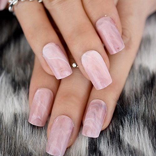 Shiny Pink Marble Artificial Nails Square Medium Size Fake Pre-designed Nail ...