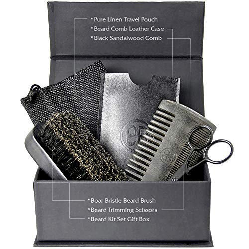 Beard Brush & Beard Comb Kit, Natural Boar Bristle Brush, Authentic Sandalwoo...