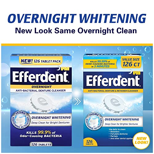 Efferdent PM Denture Cleanser Tablets, Overnight Whitening, 126 Count