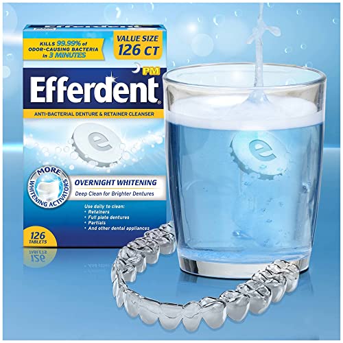 Efferdent PM Denture Cleanser Tablets, Overnight Whitening, 126 Count