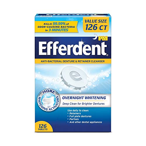Efferdent PM Denture Cleanser Tablets, Overnight Whitening, 126 Count