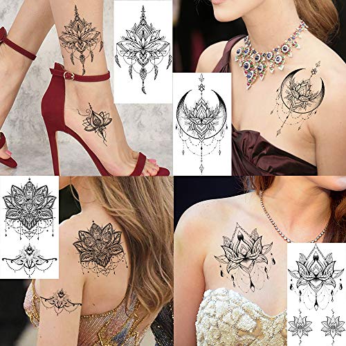EGMBGM 15 Sheets Sexy Black Henna Mehndi Lotus Temporary Tattoos For Women Fa...