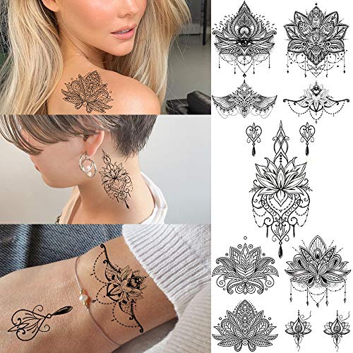EGMBGM 15 Sheets Sexy Black Henna Mehndi Lotus Temporary Tattoos For Women Fa...