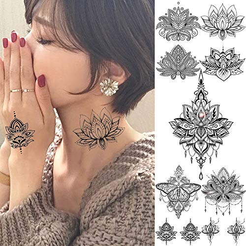 EGMBGM 15 Sheets Sexy Black Henna Mehndi Lotus Temporary Tattoos For Women Fa...