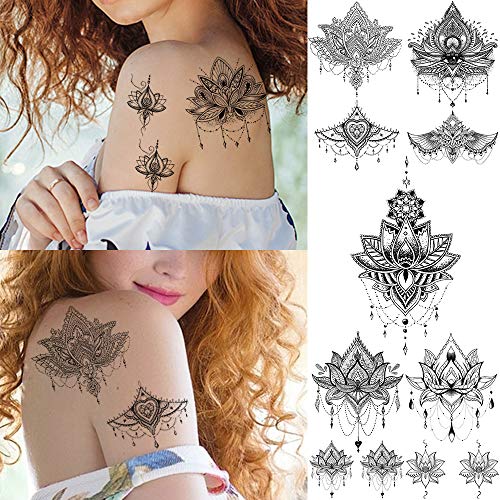 EGMBGM 15 Sheets Sexy Black Henna Mehndi Lotus Temporary Tattoos For Women Fa...