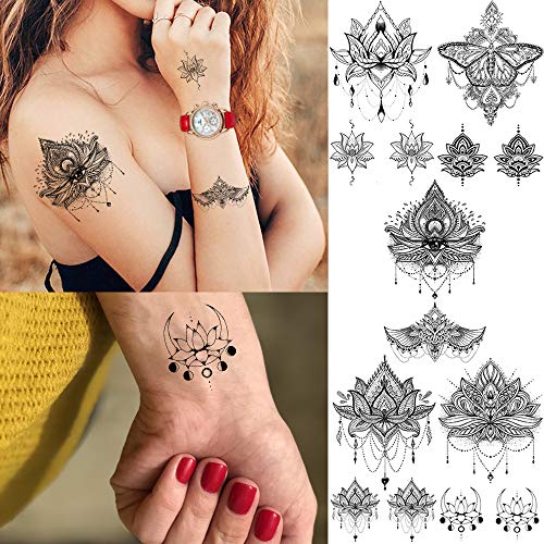 EGMBGM 15 Sheets Sexy Black Henna Mehndi Lotus Temporary Tattoos For Women Fa...