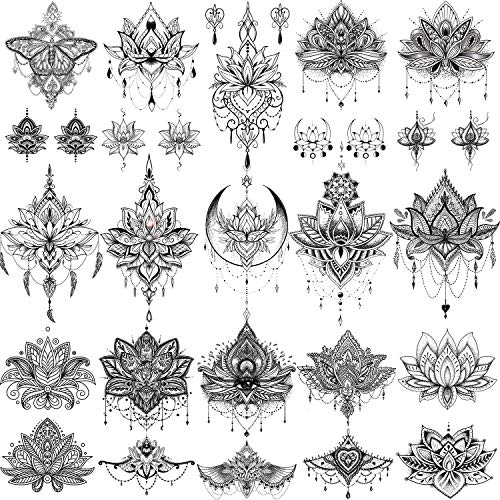 EGMBGM 15 Sheets Sexy Black Henna Mehndi Lotus Temporary Tattoos For Women Fa...