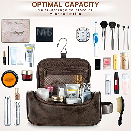 Elviros Toiletry Bag, Mens Leather Travel Organizer Kit with hanging hook, La...