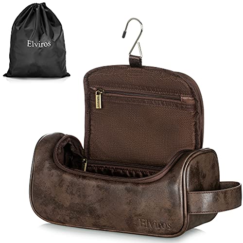 Elviros Toiletry Bag, Mens Leather Travel Organizer Kit with hanging hook, La...