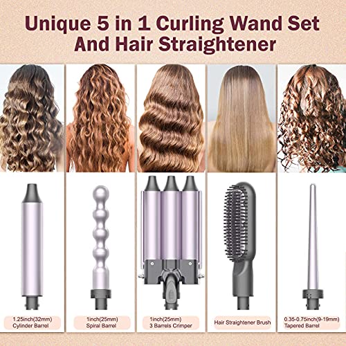 EmaxDesign Curling Iron, Unique 5 in 1 Curling Wand Set with 3 Barrel Hair Wa...