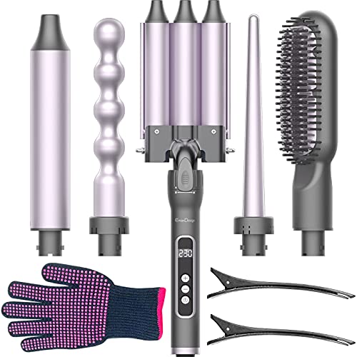 EmaxDesign Curling Iron, Unique 5 in 1 Curling Wand Set with 3 Barrel Hair Wa...