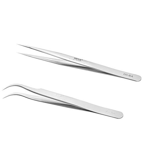 EMEDA Eyelash Extension Tweezers 2 Pieces VETUS Straight Pointer and J Curved...