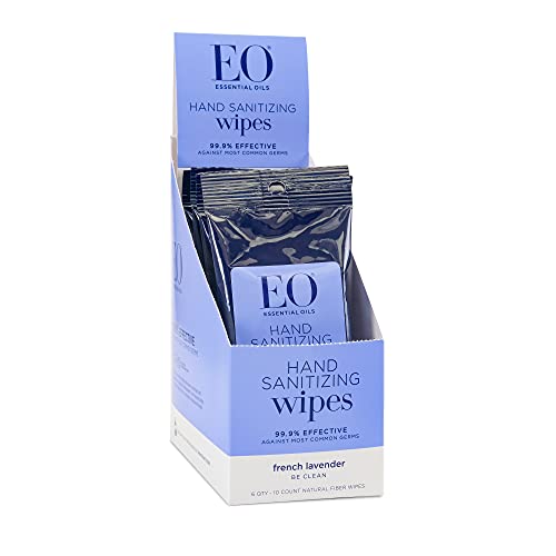 EO Hand Cleansing Wipes, 6 Resealable Packs of 10 Wipes, French Lavender, Bio...