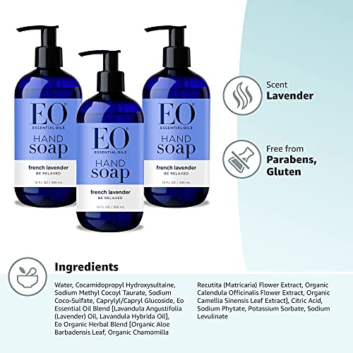 EO Liquid Hand Soap, 12 Ounce (Pack of 3), French Lavender, Organic Plant-Bas...