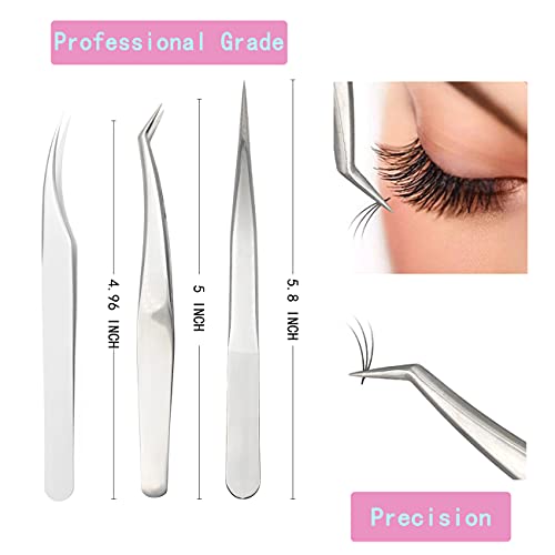 Eyelash Tweezers set, 3-Pack, Hand Calibrated Straight, Curved Tips and Volum...