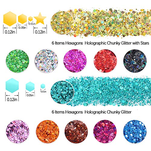 Holographic Chunky Glitter Sequins, 12 Colors Mixed Cosmetic Glitter for Face...